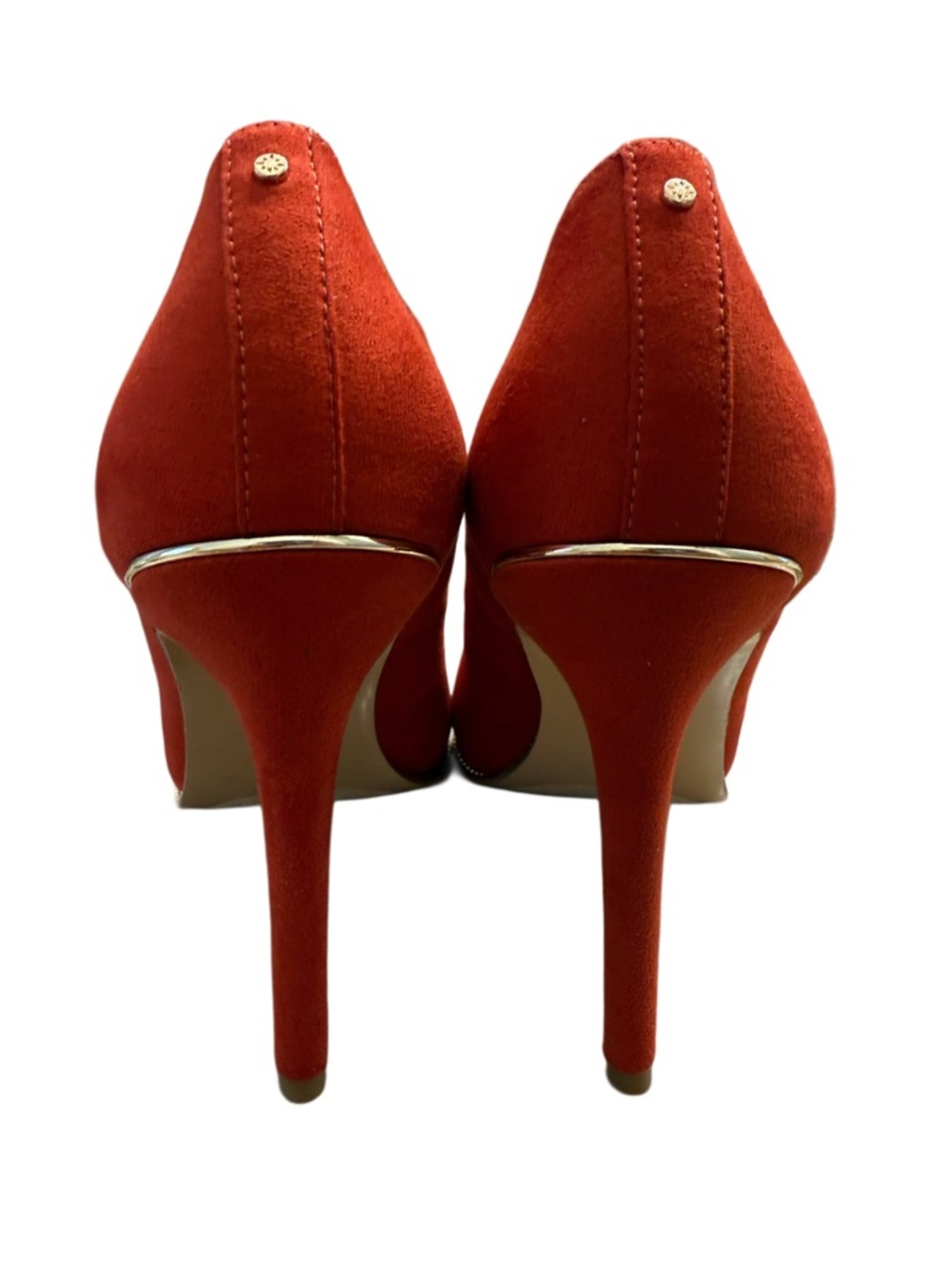 BCBGeneration RED SUEDE POINTED TOE PUMPS WITH GOLD TRIM - Picture 5 of 6